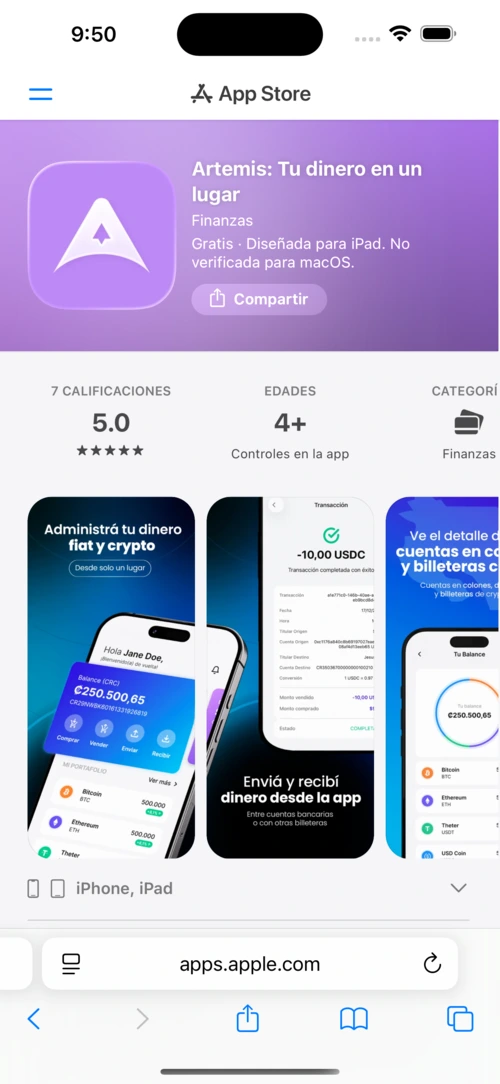 Artemis app en iPhone